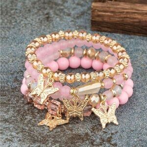 Butterfly Charm Beaded Bracelet Set - Pink and Gold